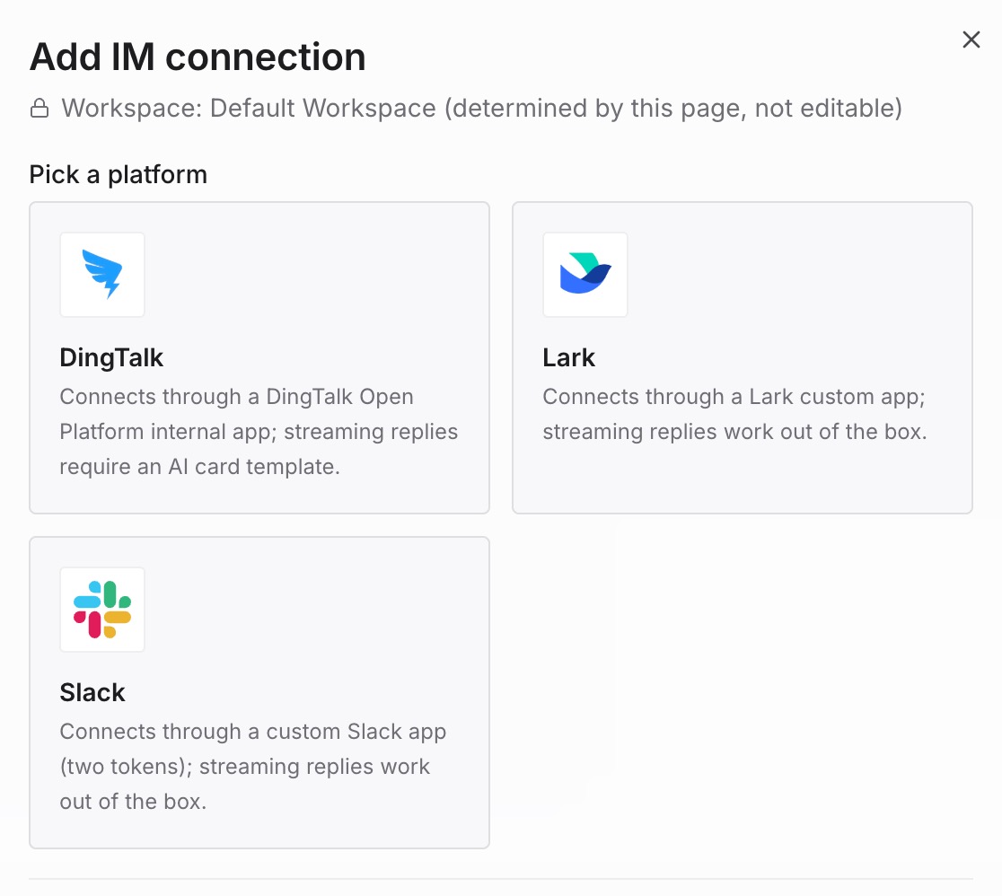 Agregar conexión de IM: elige la plataforma de chat para este espacio de trabajo