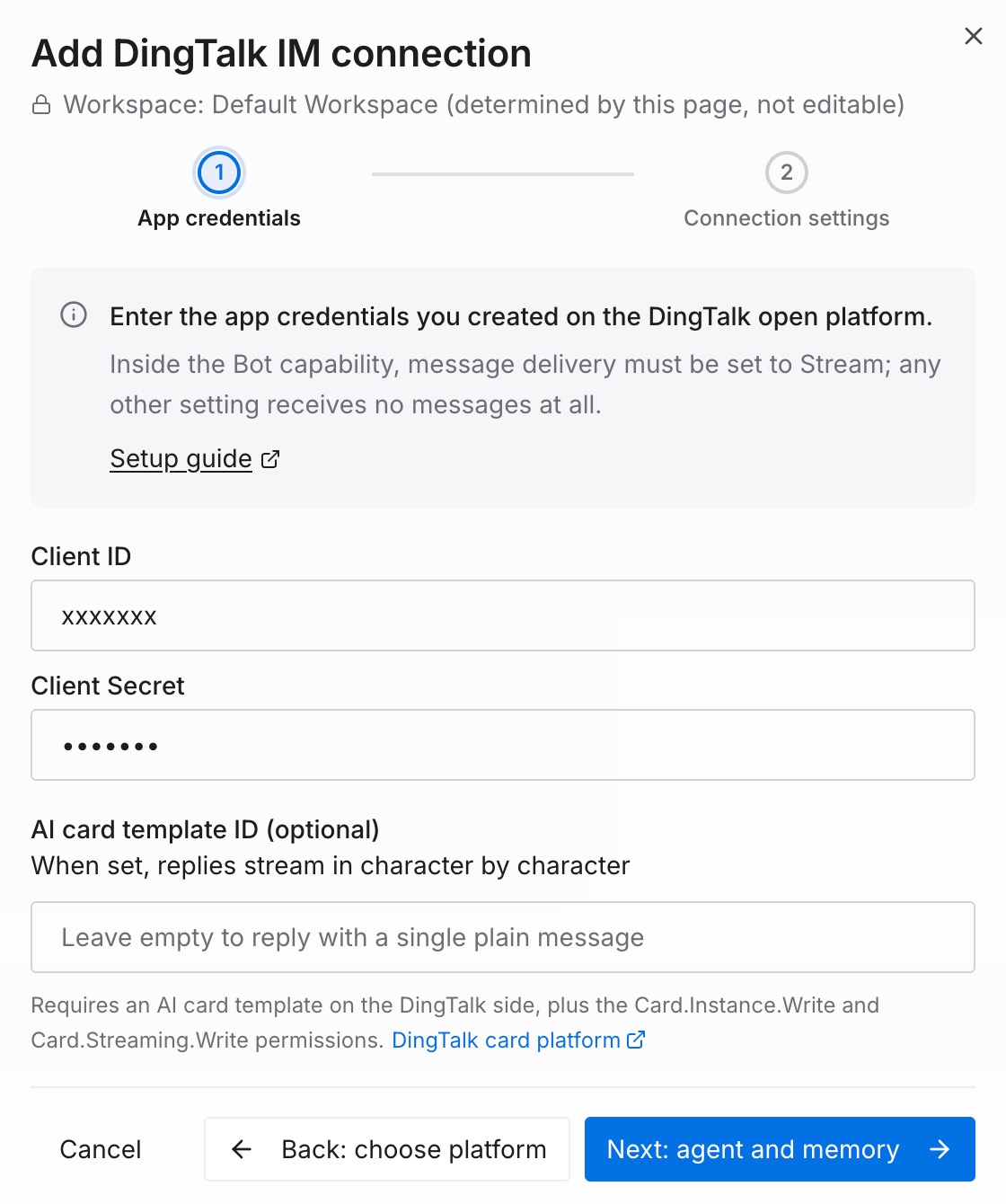 Introduce las credenciales de la aplicación emitidas por la plataforma de chat