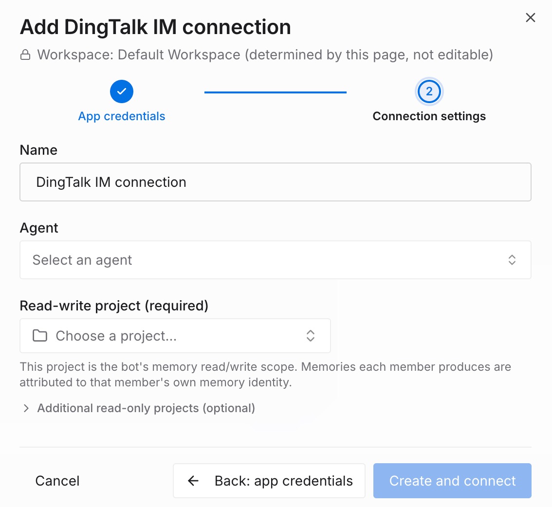 Choose the agent and the read-write project, then create and connect