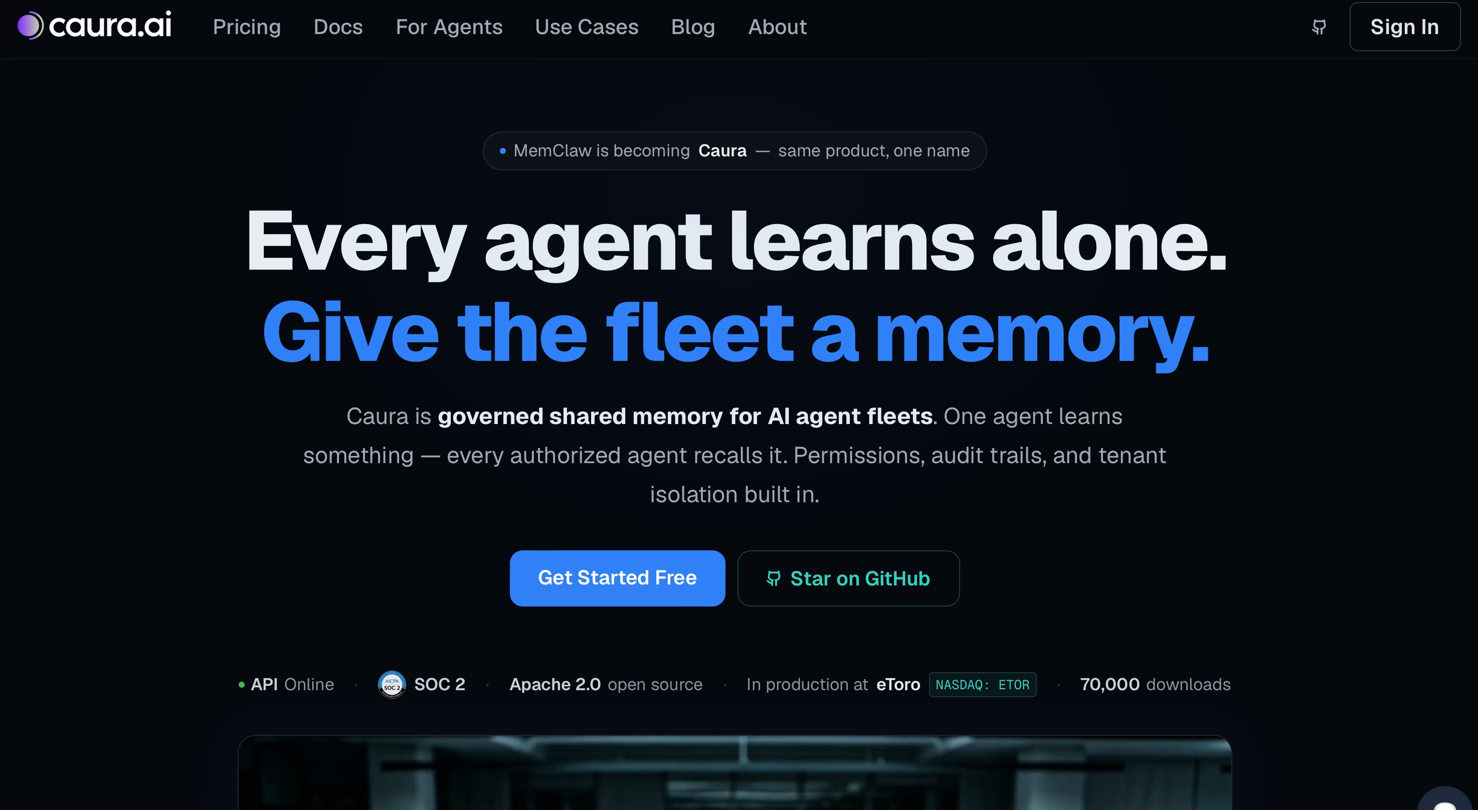 The Caura.ai homepage, carrying a banner that MemClaw is becoming Caura, positioned as governed shared memory for AI agent fleets