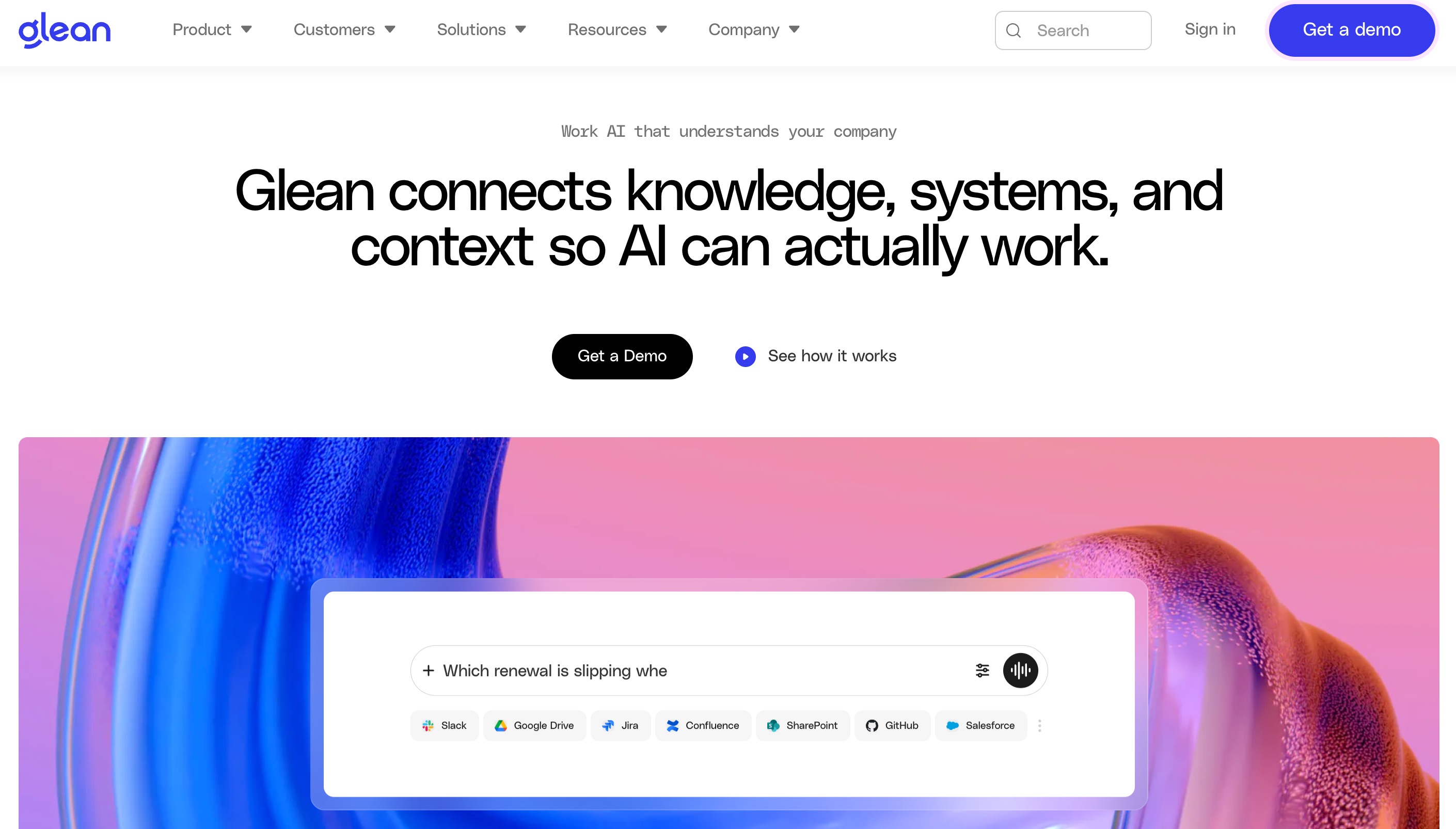 Slack, Drive, Jira 및 Confluence 전반의 엔터프라이즈 검색을 보여주는 Glean 홈페이지