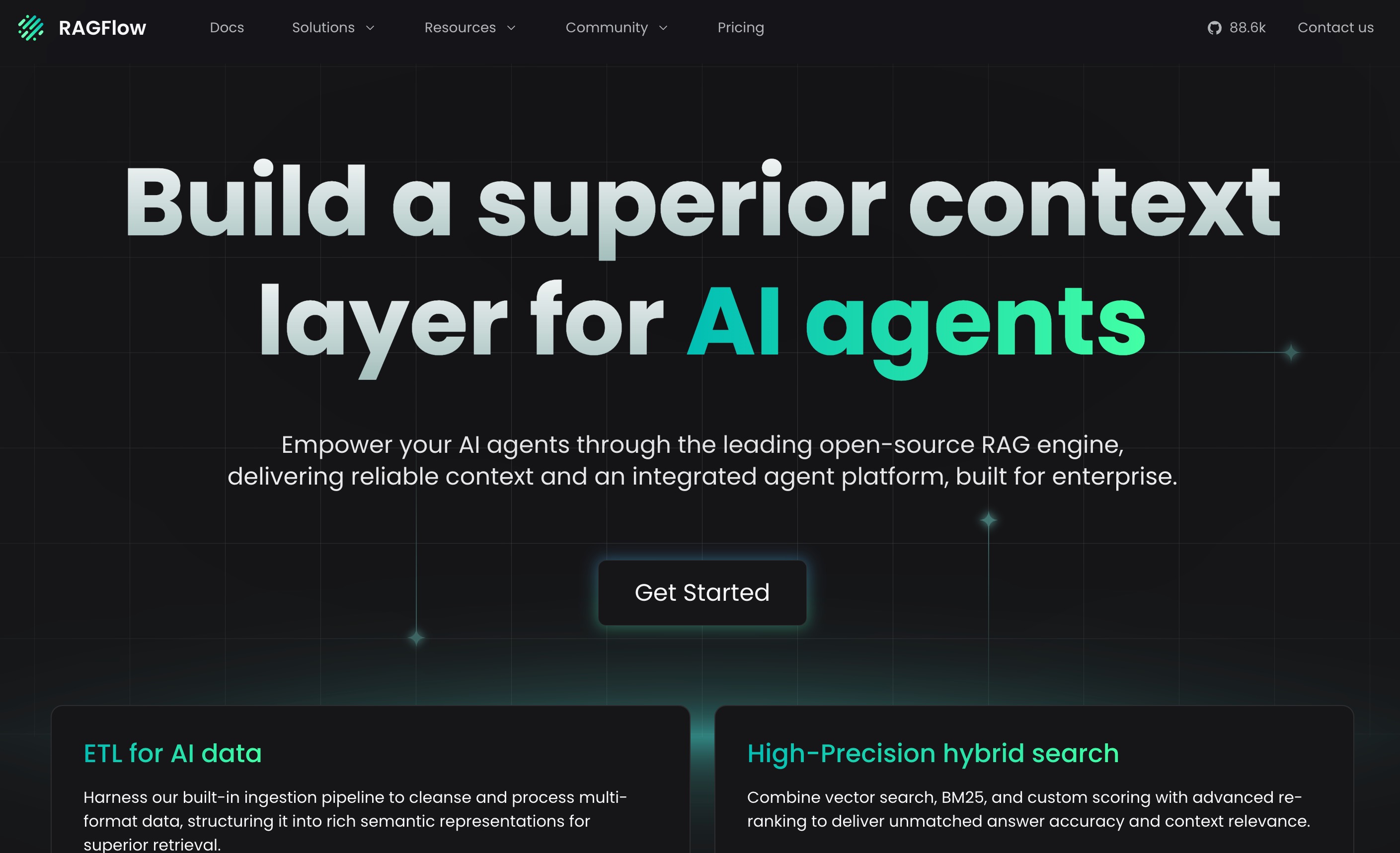 AI 에이전트를 위한 컨텍스트 레이어로서 오픈 소스 RAG 엔진을 제시하는 RAGFlow 홈페이지