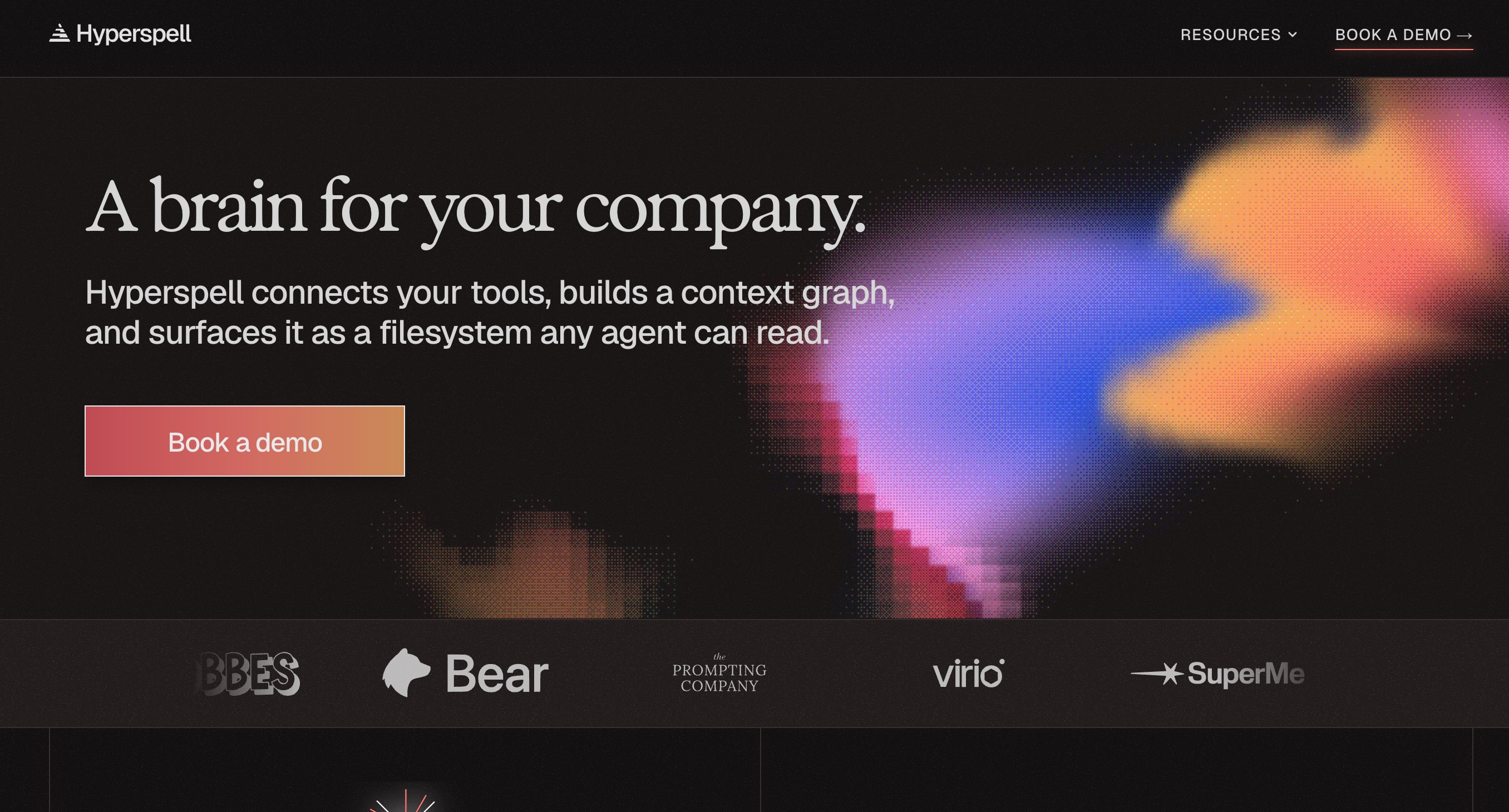 The Hyperspell homepage: a brain for your company that builds a context graph any agent can read