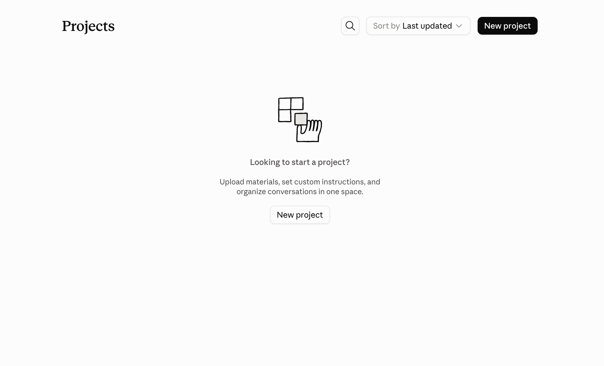An empty Claude Projects list prompting you to upload materials and set custom instructions