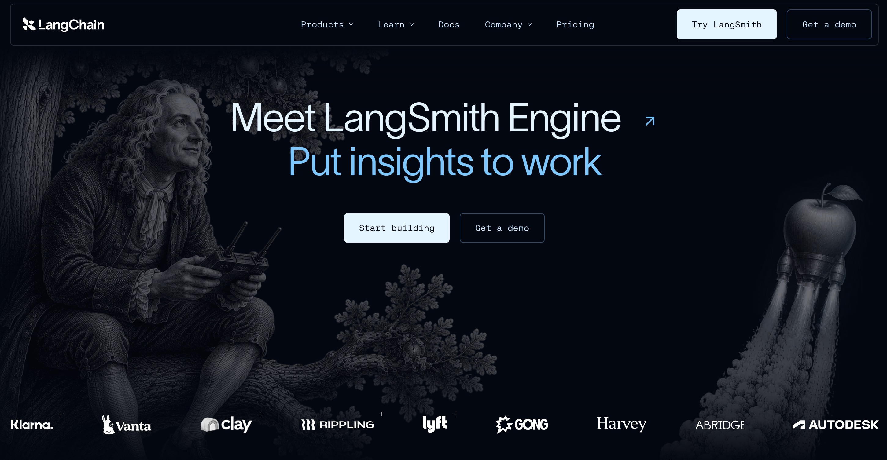 LangChain homepage announcing LangSmith Engine for putting agent insights to work