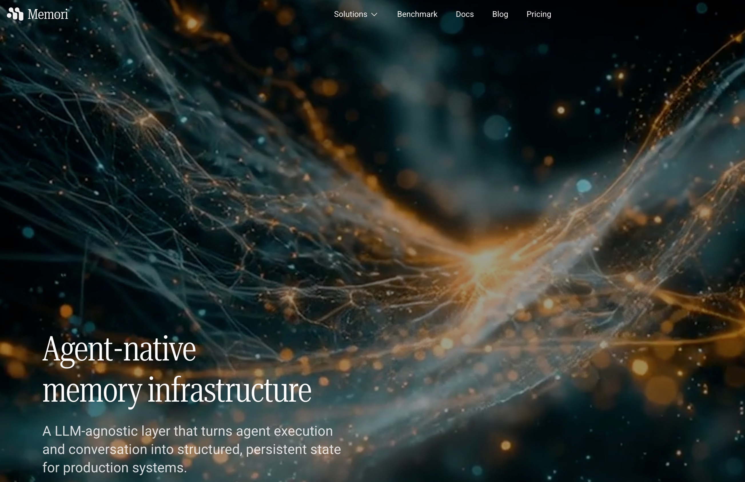 Memori homepage presenting agent-native memory infrastructure as an LLM-agnostic layer