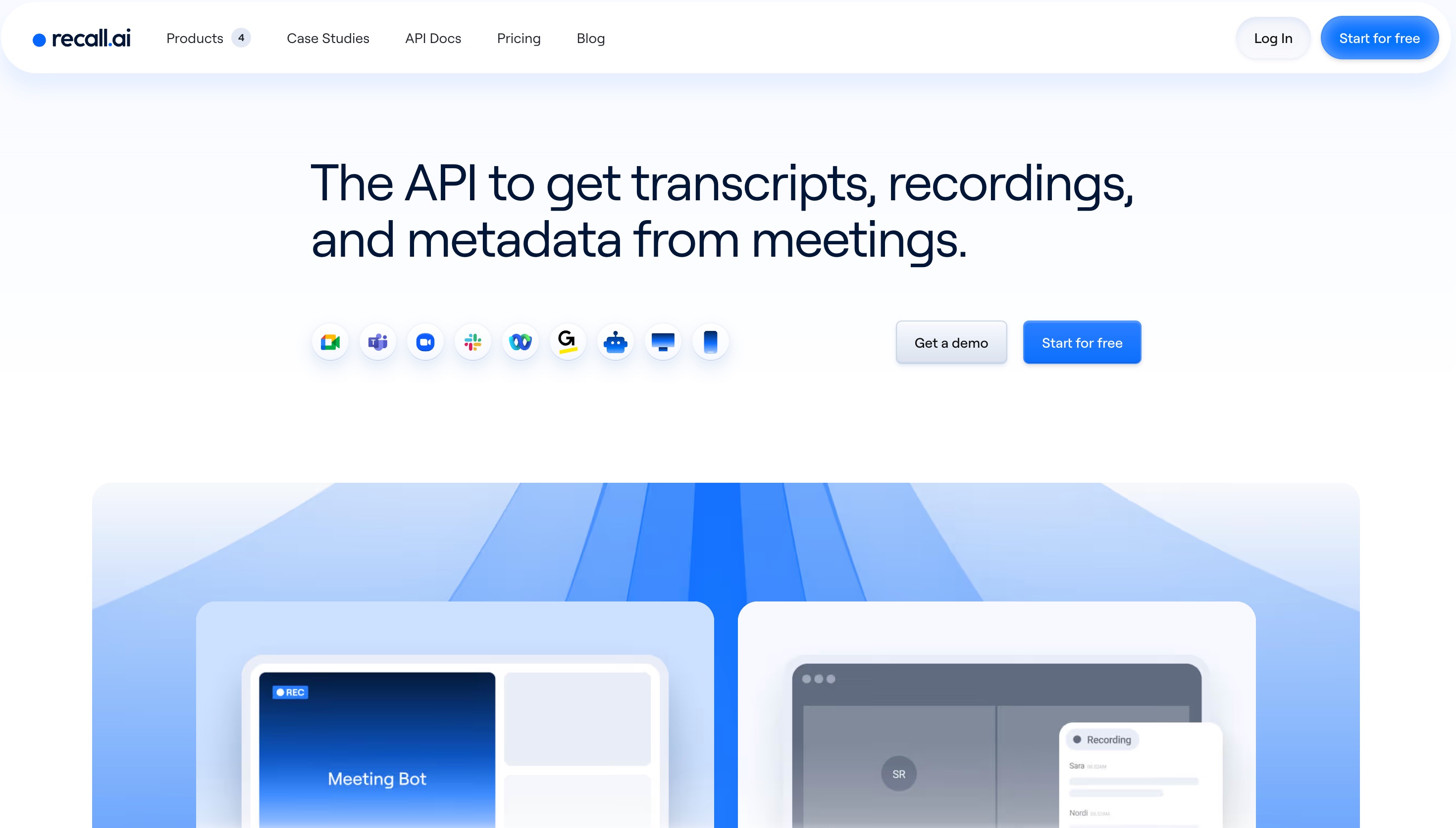 Recall.ai homepage offering an API for meeting transcripts, recordings and metadata