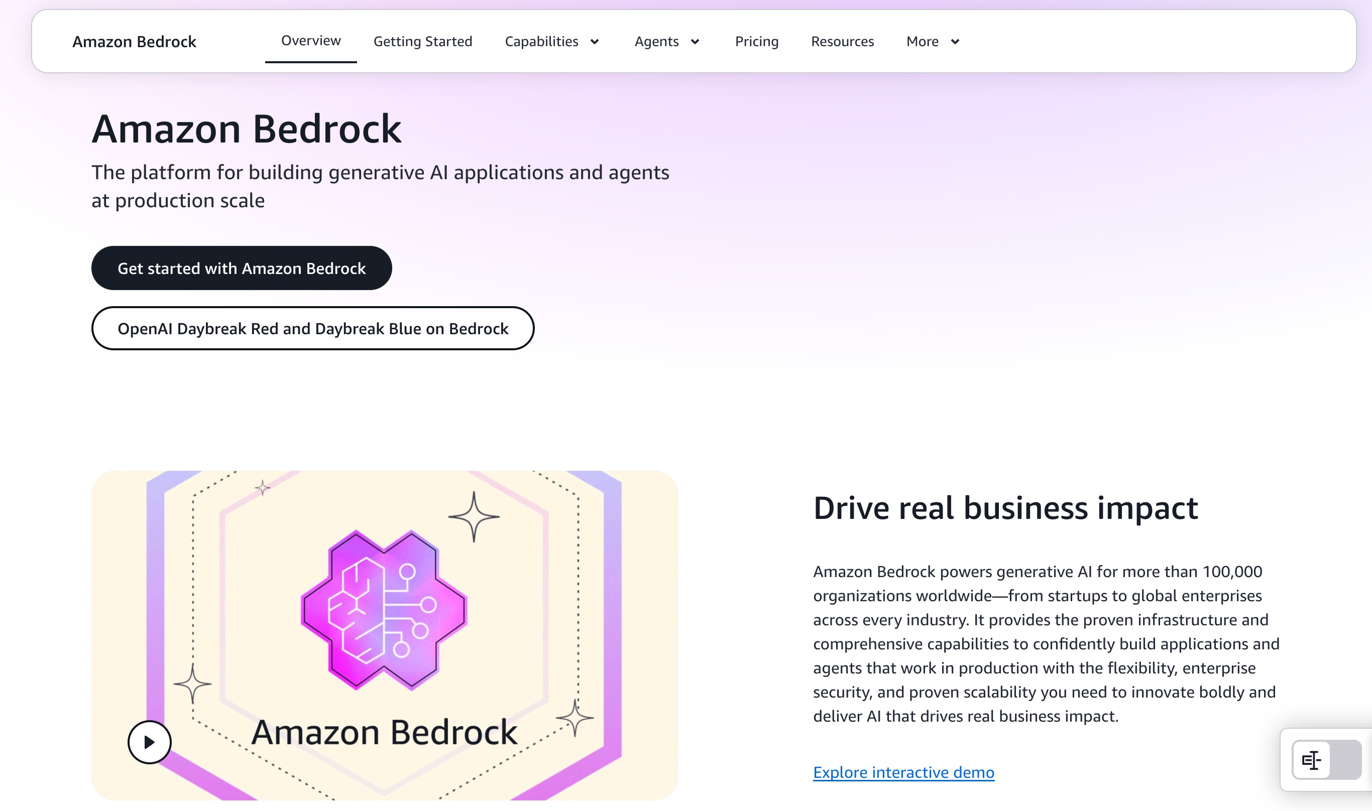 The Amazon Bedrock overview page: a platform for building generative AI applications and agents at production scale