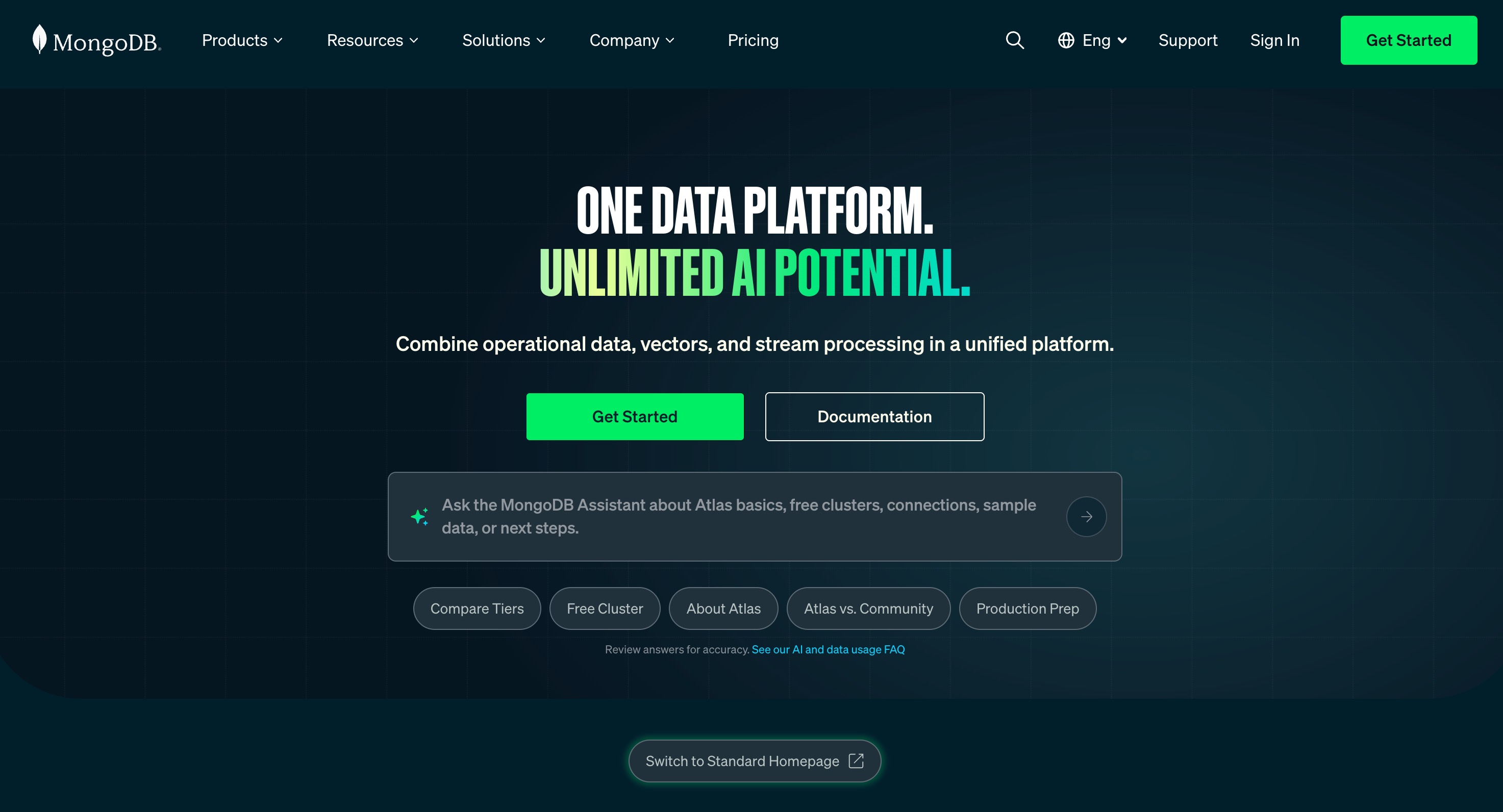 The MongoDB homepage: one data platform combining operational data, vectors and stream processing