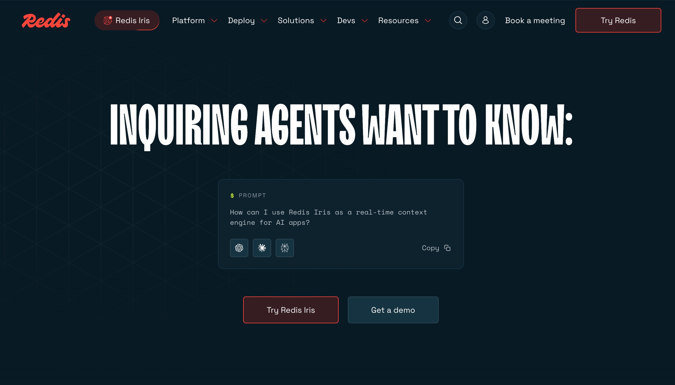 The Redis homepage promoting Redis Iris as a real-time context engine for AI apps