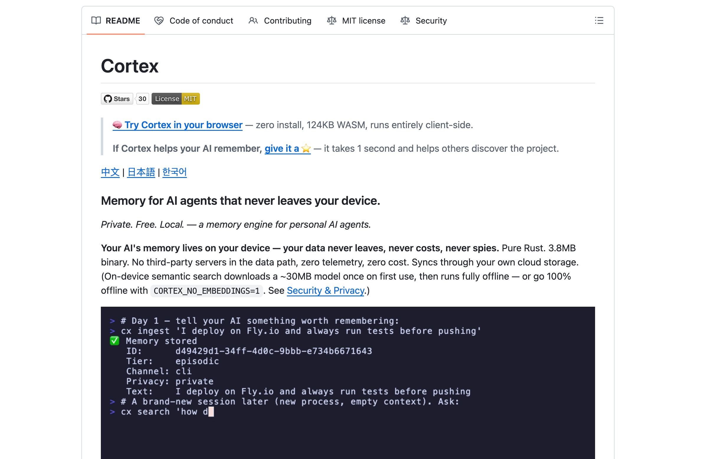 El README de GitHub de Cortex: memoria para agentes de IA que nunca sale de tu dispositivo, con un ejemplo local de cx ingest y cx search