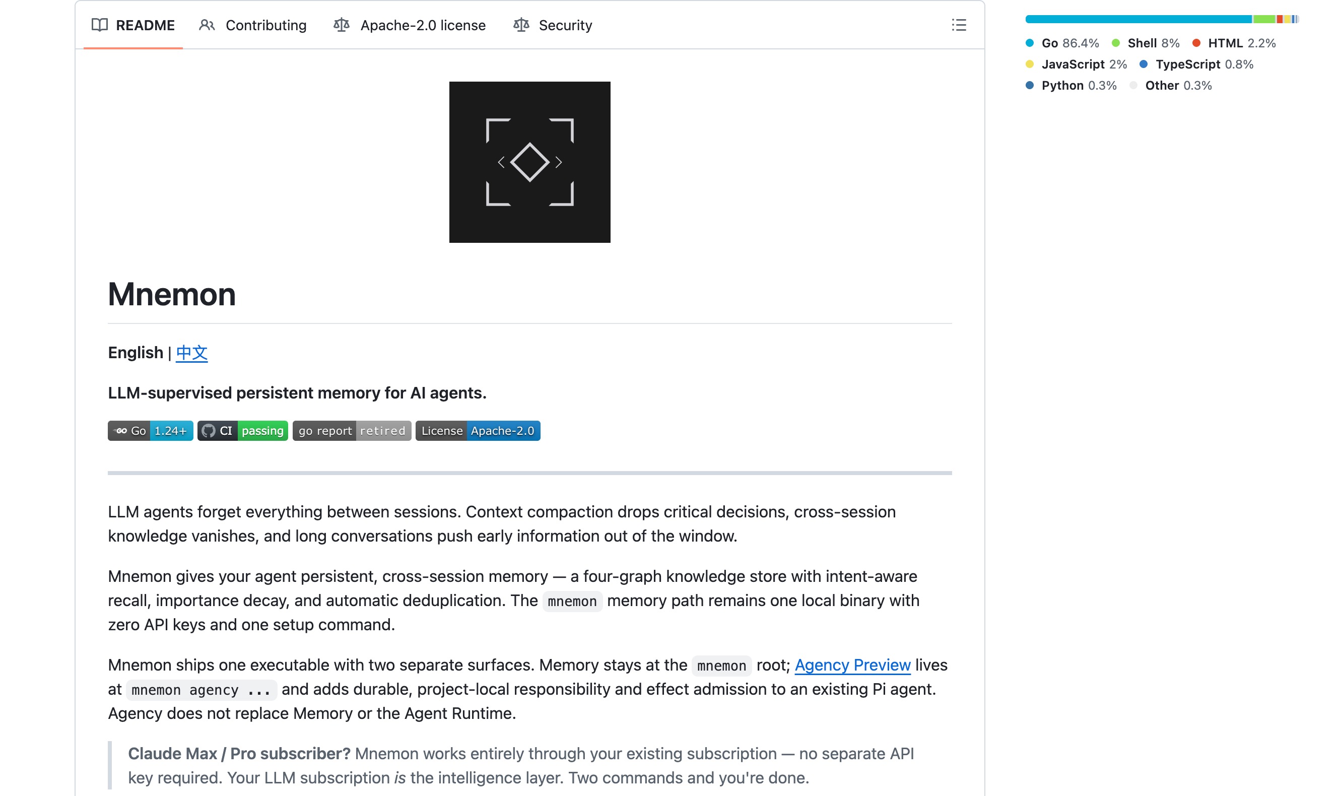 El README de GitHub de Mnemon: memoria persistente supervisada por LLM para agentes de IA, un almacén de cuatro grafos con decaimiento de importancia y desduplicación