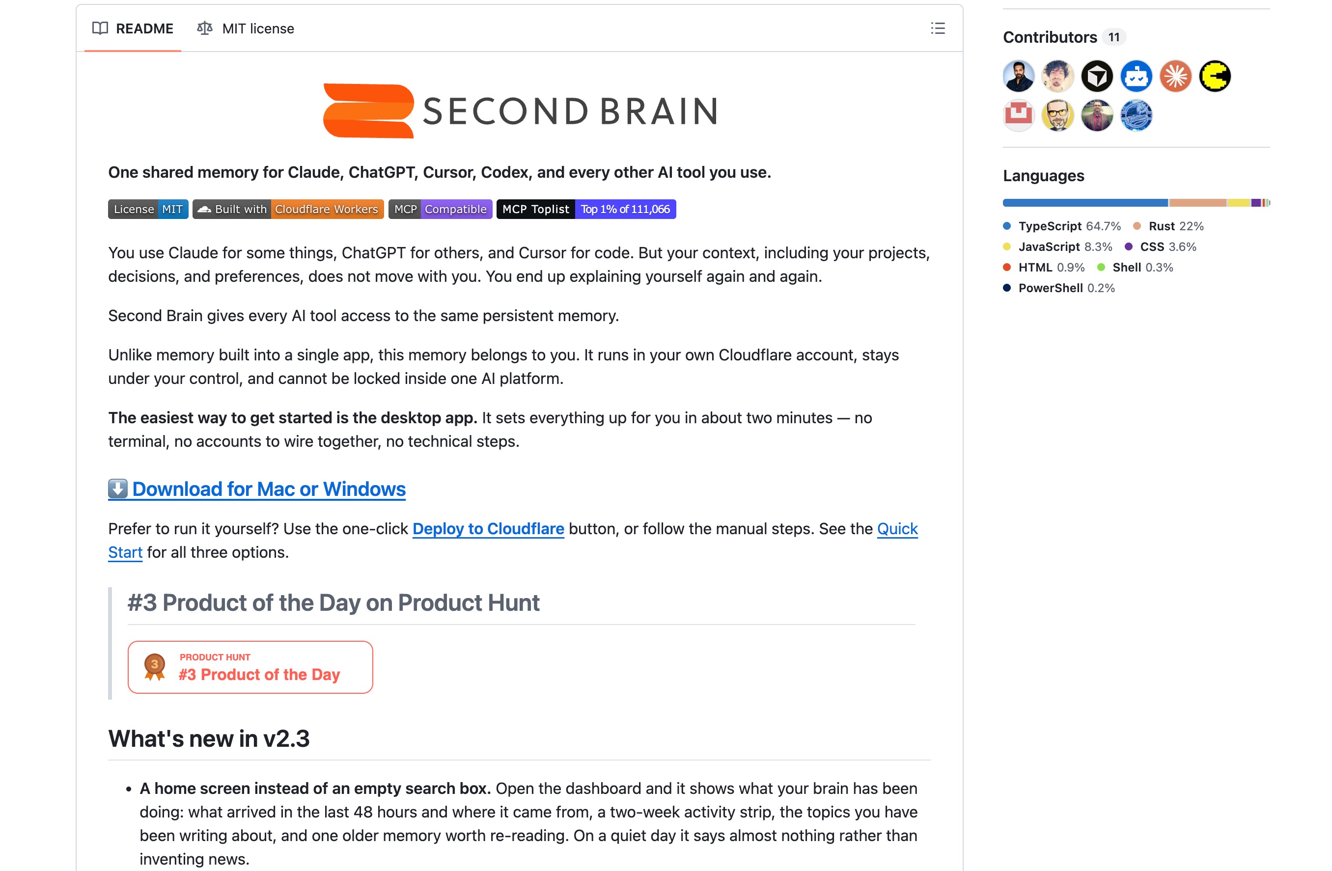 El README de GitHub de Second Brain: una memoria compartida para Claude, ChatGPT, Cursor y Codex, autohospedada en Cloudflare Workers