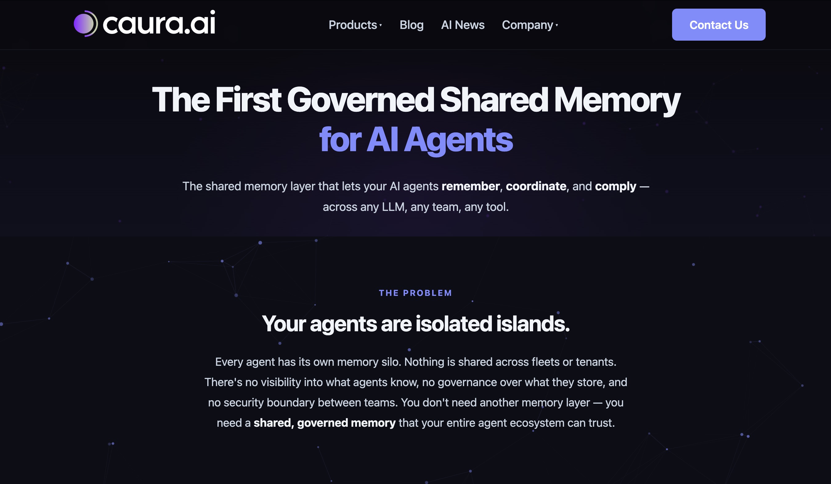 Caura.aiのホームページ：AIエージェントのための初の管理された共有メモリ。エージェントがあらゆるLLM、チーム、ツールをまたいで記憶、調整、準拠できるようにします