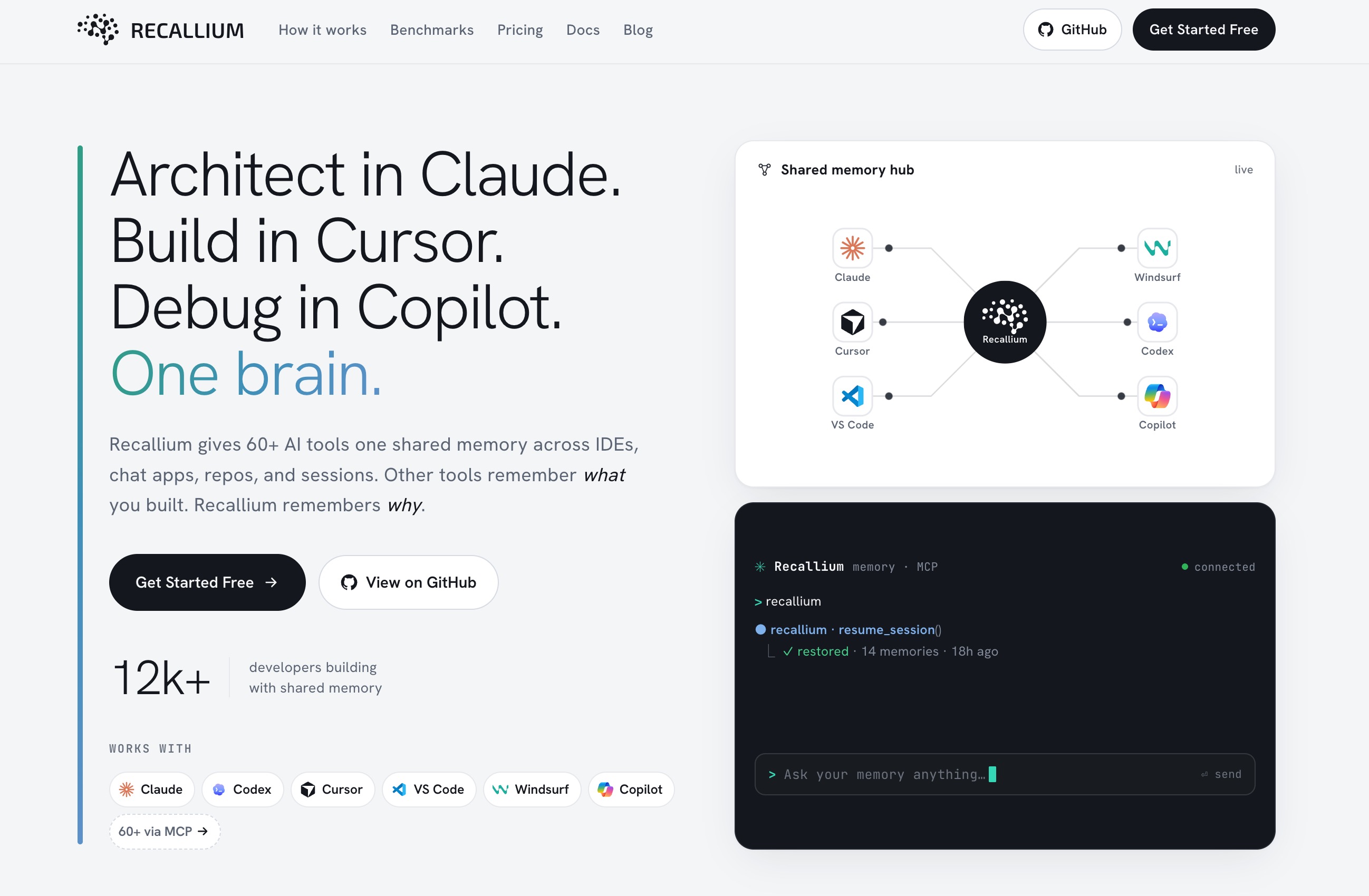 Recalliumのホームページ：Claude、Cursor、VS Code、Windsurf、Codex、Copilotを1つの脳に配線する、1つの共有メモリハブ